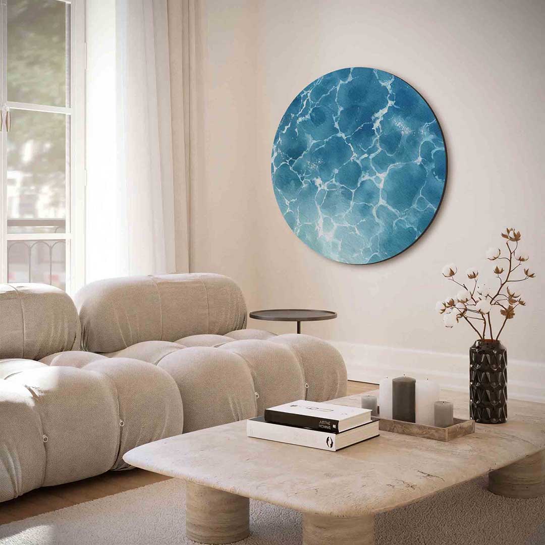 Blauwe waterstructuur – portret muurcirkel als ronde muurdecoratie