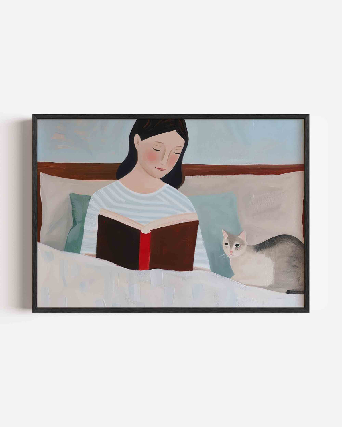 Lezende vrouw met kat – hedendaagse illustratie poster in landscape formaat