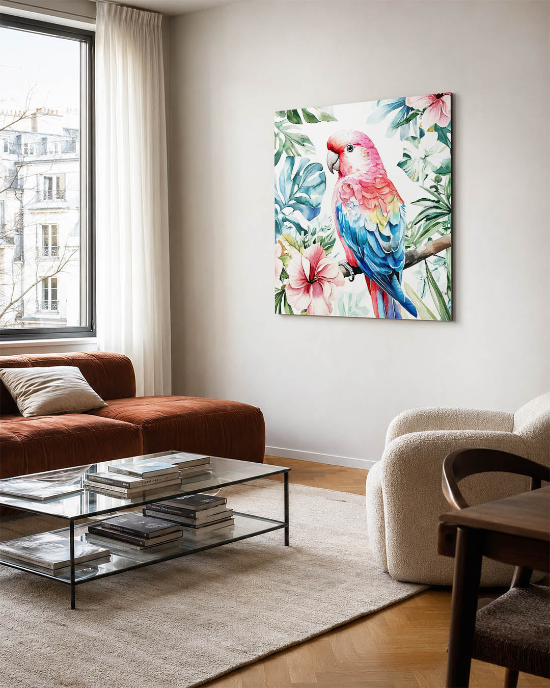 Vrolijke papegaai kunstwerk – vierkante wanddecoratie – dit kunstwerk toont een kleurrijke papegaai omringd door weelderige