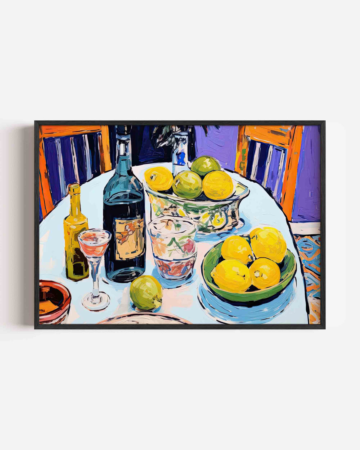 Citroenen en flessen op tafel – keuken landscape poster als wanddecoratie