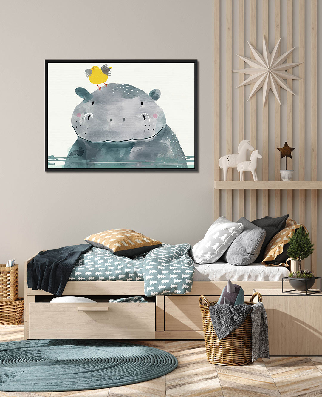 Vrolijke dierenillustratie – Kinder kunstwerk – wanddecoratie in interieur