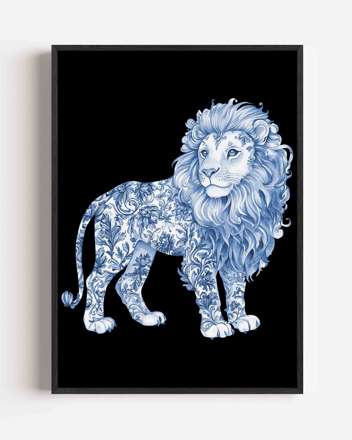 Leeuw met bloemen – Delfts blauwe portret poster als wanddecoratie