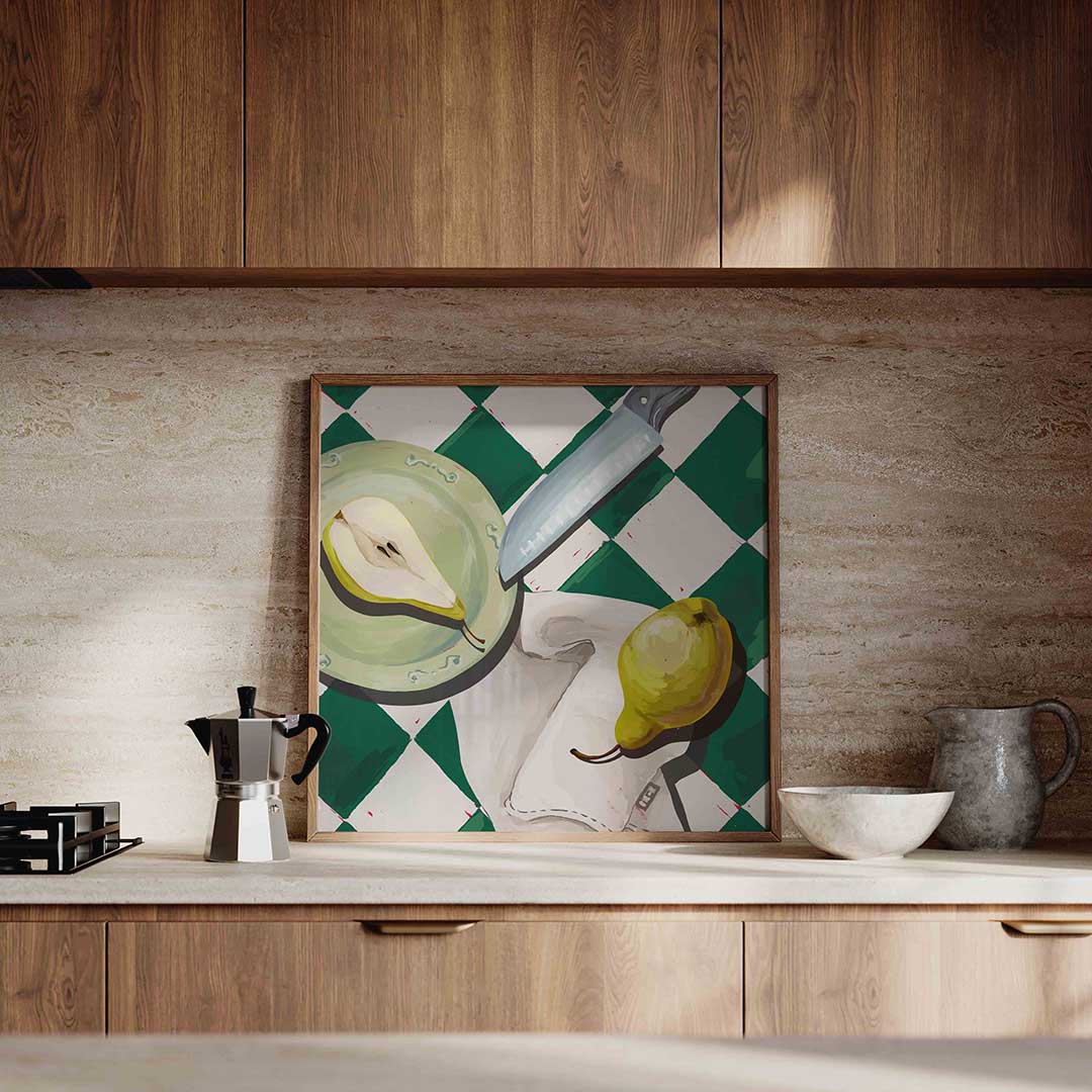 Peren en mes – culinaire wandkunst als vierkante poster