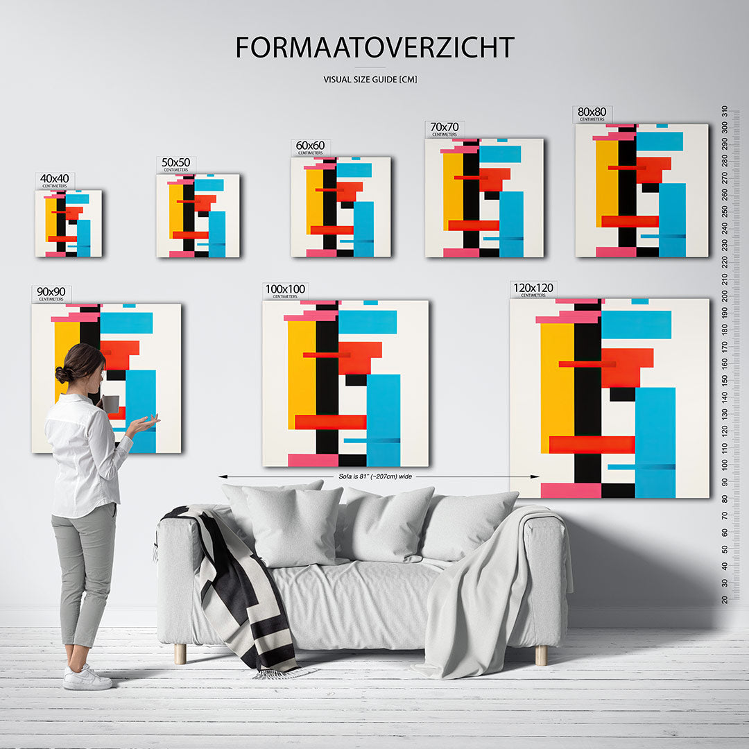Geometrische kleurencompositie kunstwerk – sfeerbeeld – dit werk toont een dynamische compositie van rechthoeken in levendige