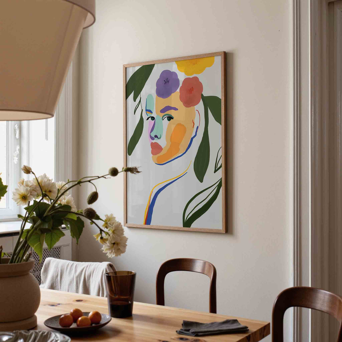 Bloemen en gezicht – eigentijdse illustratie poster in staand formaat