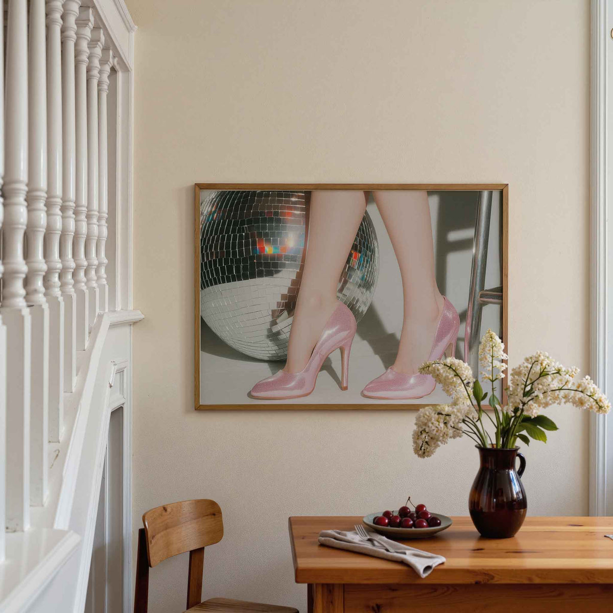 Roze schoenen en discobal – moderne poster in liggend formaat