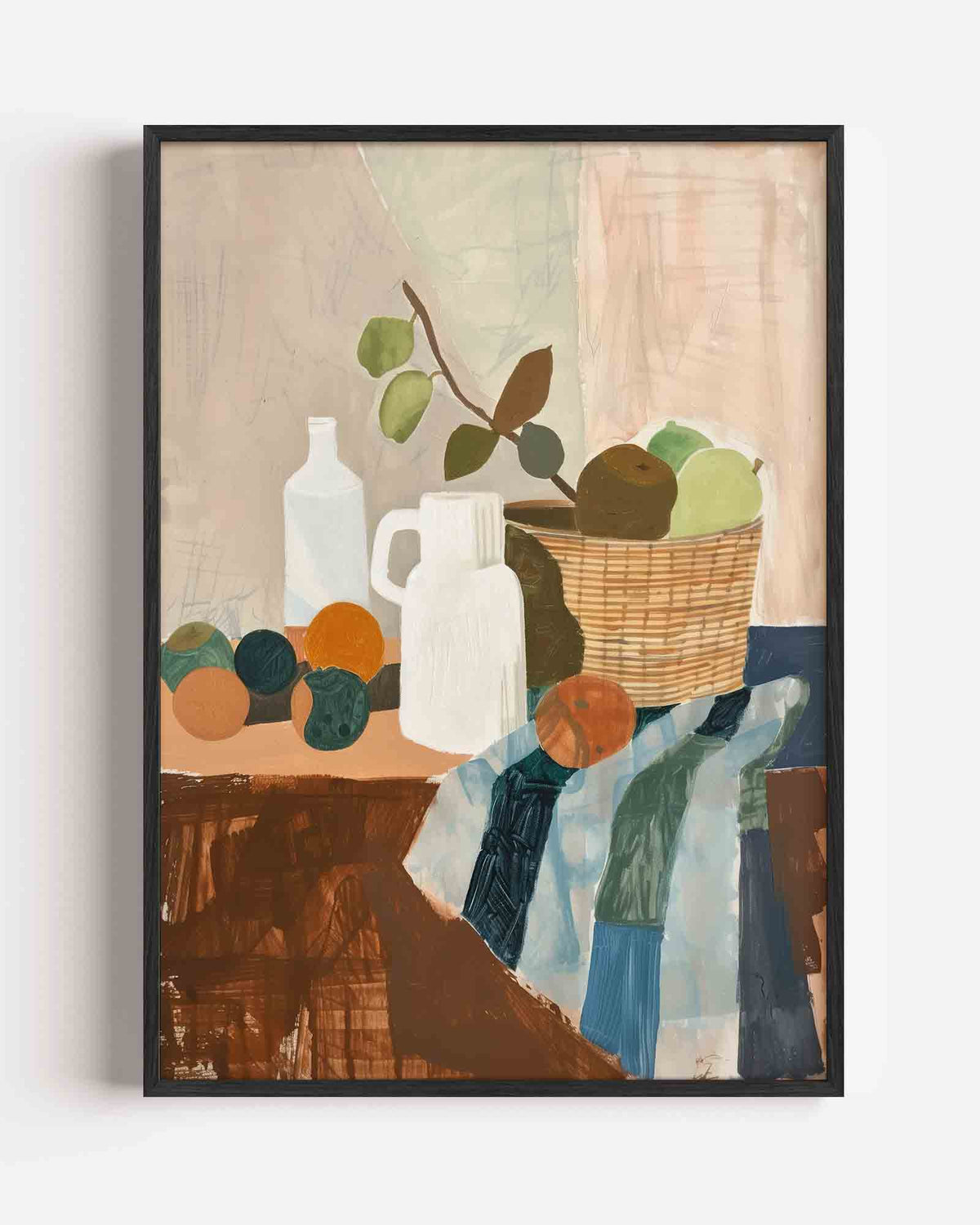 Stilleven met fruit en flessen – hedendaagse illustratie portret poster als wanddecoratie