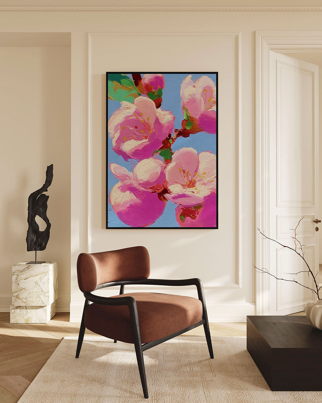 Bloesem op blauwe achtergrond – Bloesems – staande wanddecoratie