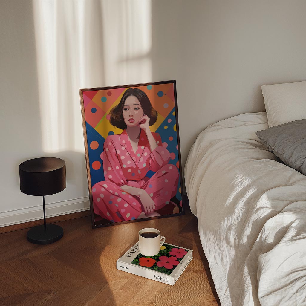Vrolijke Vrouw in Stippen – staande Popart wanddecoratie van WallArtistic