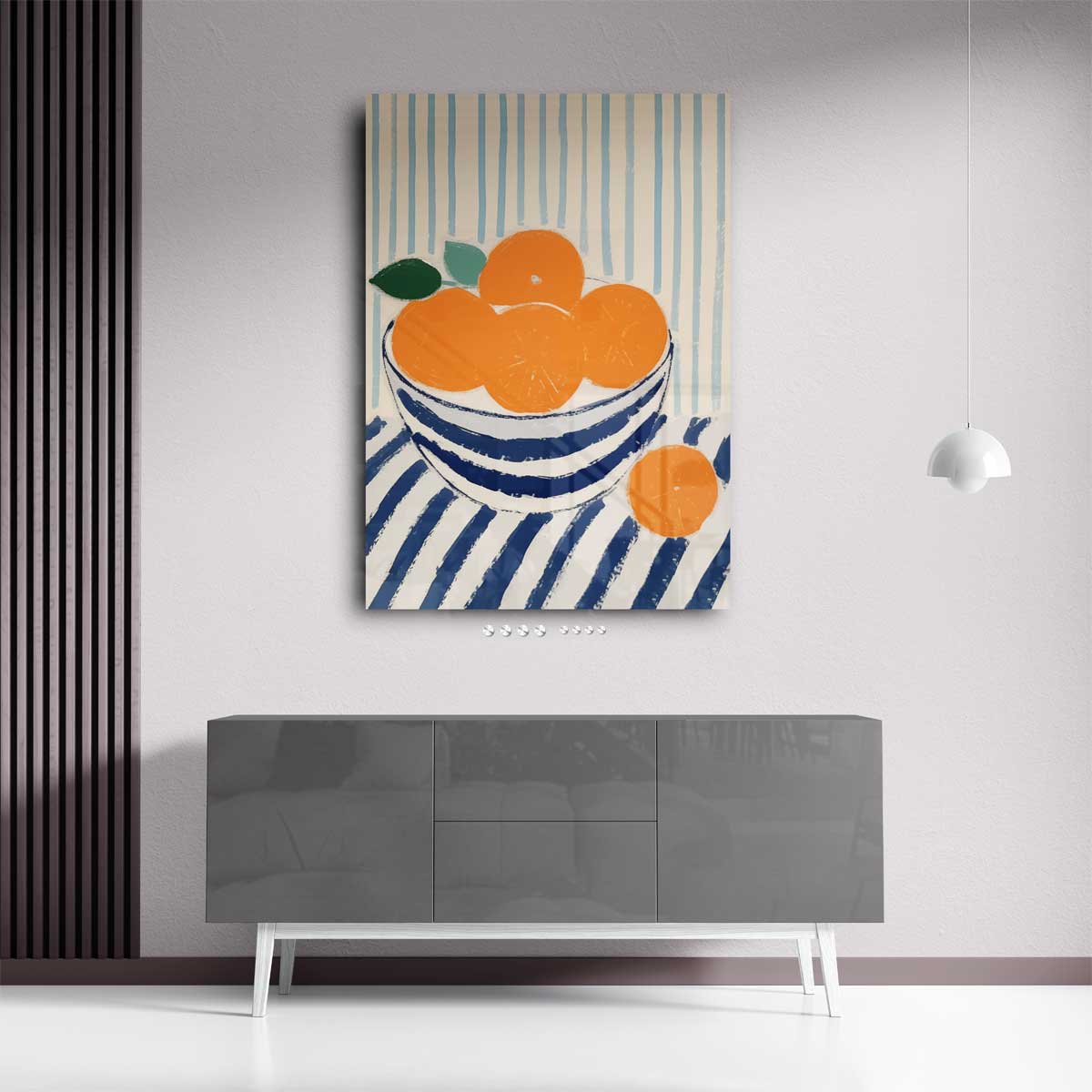 Zonnige Sinaasappels in Streepjesland – plexiglas wanddecoratie in portret formaat