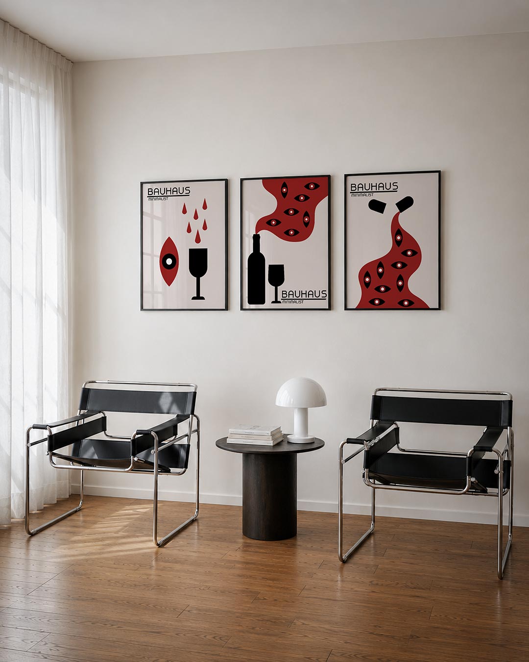 Vormen en vlakken driedelige posterset – deze posterset in drie delen toont een spel van zwarte en rode vormen op een lichte