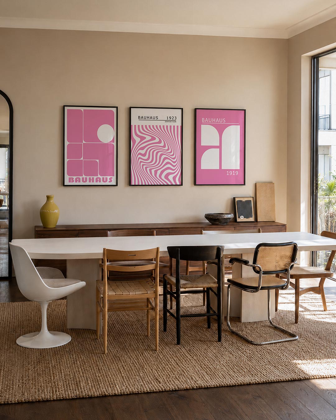 Vormen en vlakken driedelige posterset – deze posterset in drie delen toont een speelse ordening van roze rechthoeken en een
