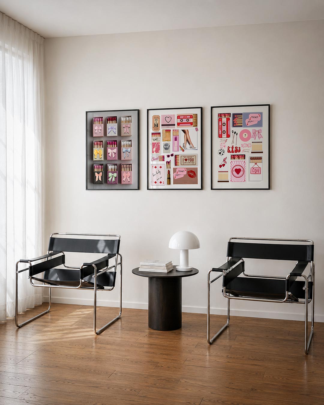 Strikjes en lucifers driedelige posterset – deze driedelige postercombinatie toont luciferdoosjes met