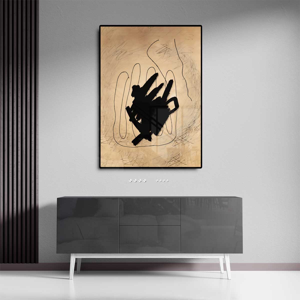 Abstracte Expressie in Zwart en Beige – staand kunstwerk voor modern interieur
