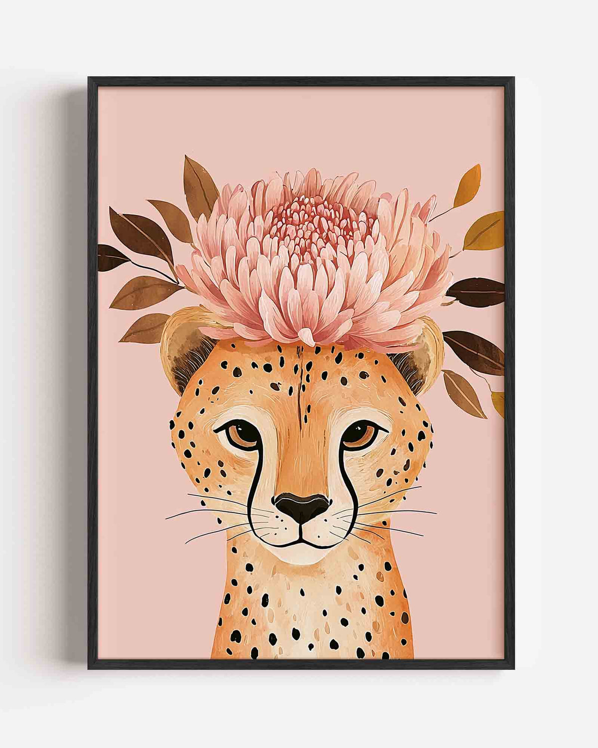 Cheetah met bloemen – dieren portret poster als wanddecoratie