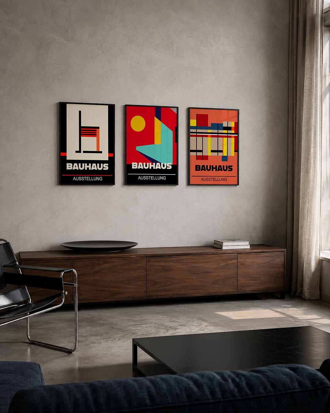 Lijnen en kleurvlakken posterset – tweede productweergave – deze posterset in drie delen toont een strak lijnenspel met