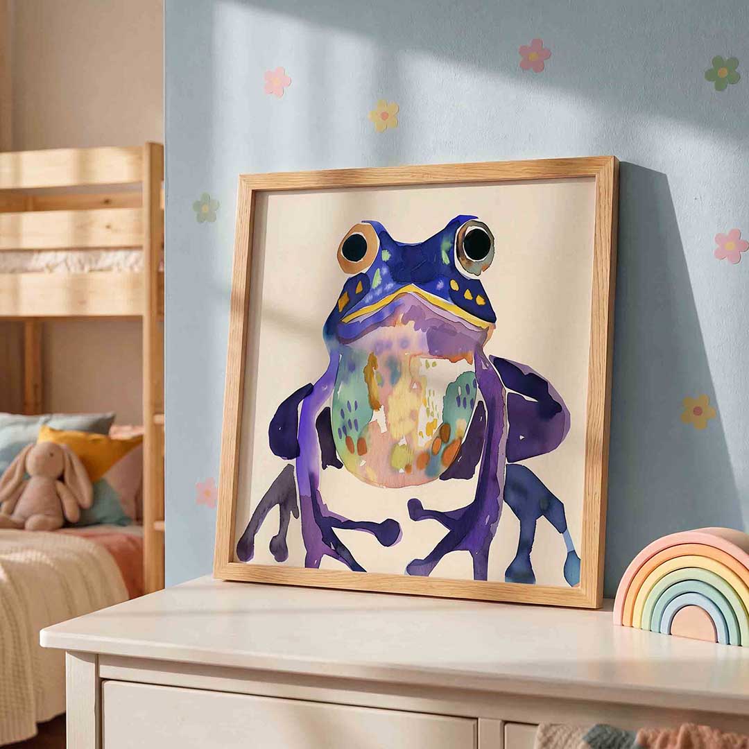 Kleurrijke kikker – speelse wandkunst als vierkante kinderposter