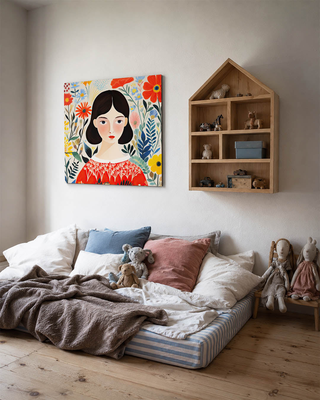 Vrouwelijk bloemenportret kunstwerk – derde productweergave – een vrouw met donkere haren omringd door kleurrijke bloemen. De