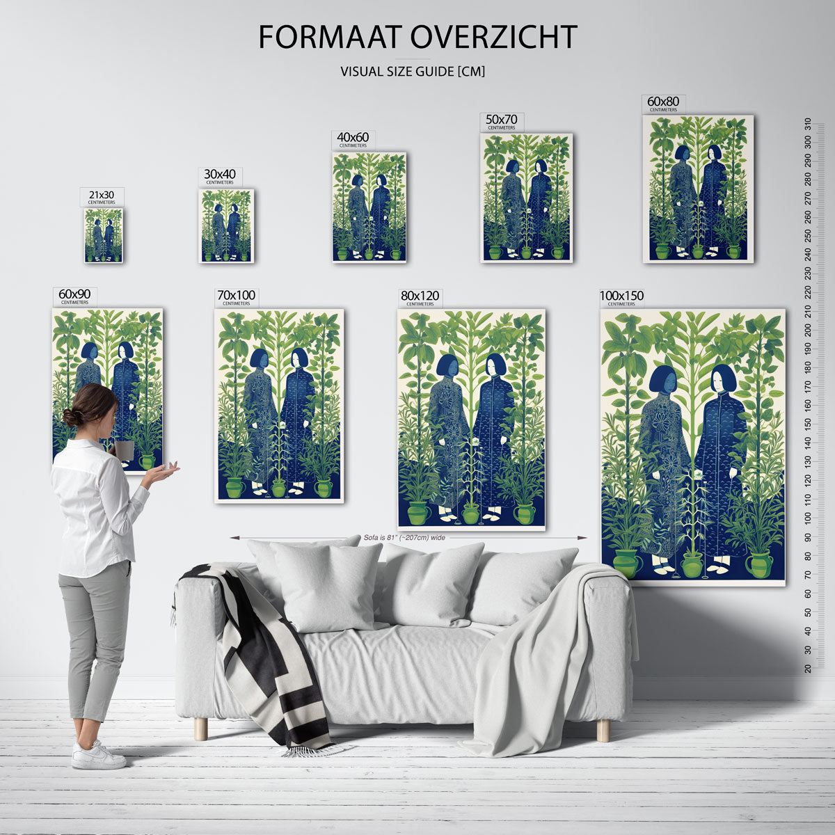 Twee figuren tussen planten – staande muurposter met botanisch thema