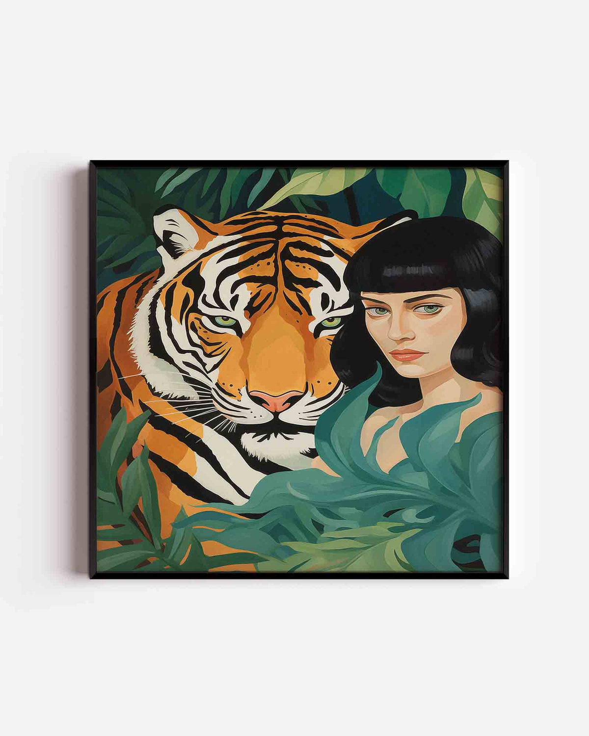 Tijger en vrouw – vierkante dierenposter als wanddecoratie