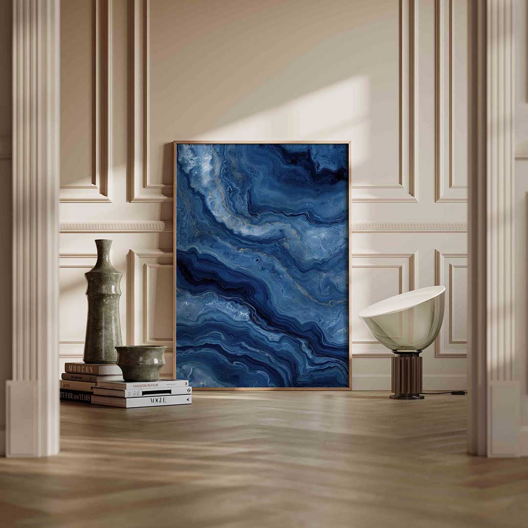Blauwe marmerstructuur – staande abstracte wanddecoratie van WallArtistic