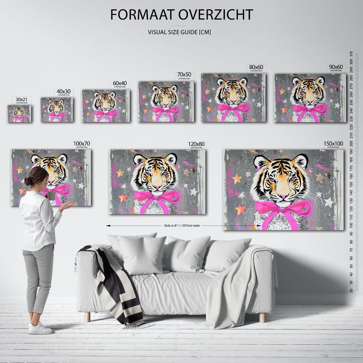 Tijger met roze strik – liggende muurposter met dierenthema