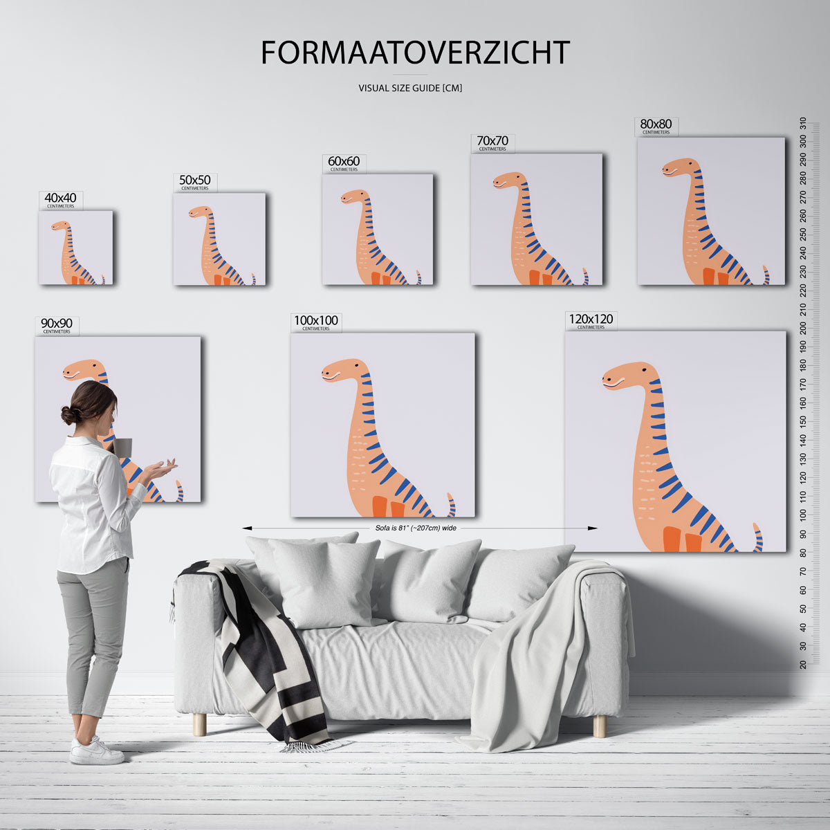 Dinosaurus met blauwe strepen – vierkante muurposter voor de kinderkamer