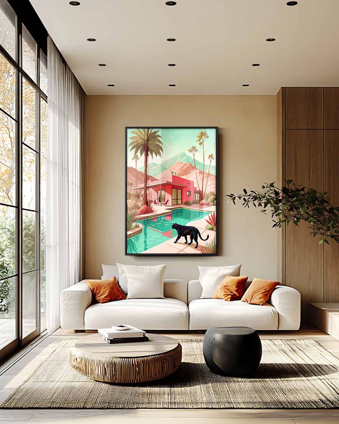 Casa da sogno moderna con opera d'arte di un gatto nero
