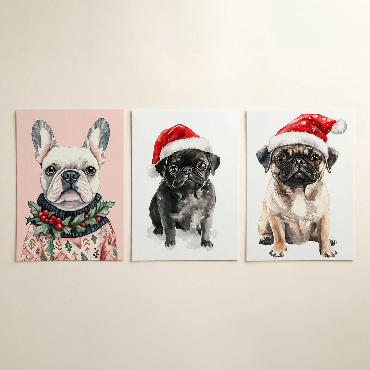 Hond en kerstgroen driedelige posterset in interieur