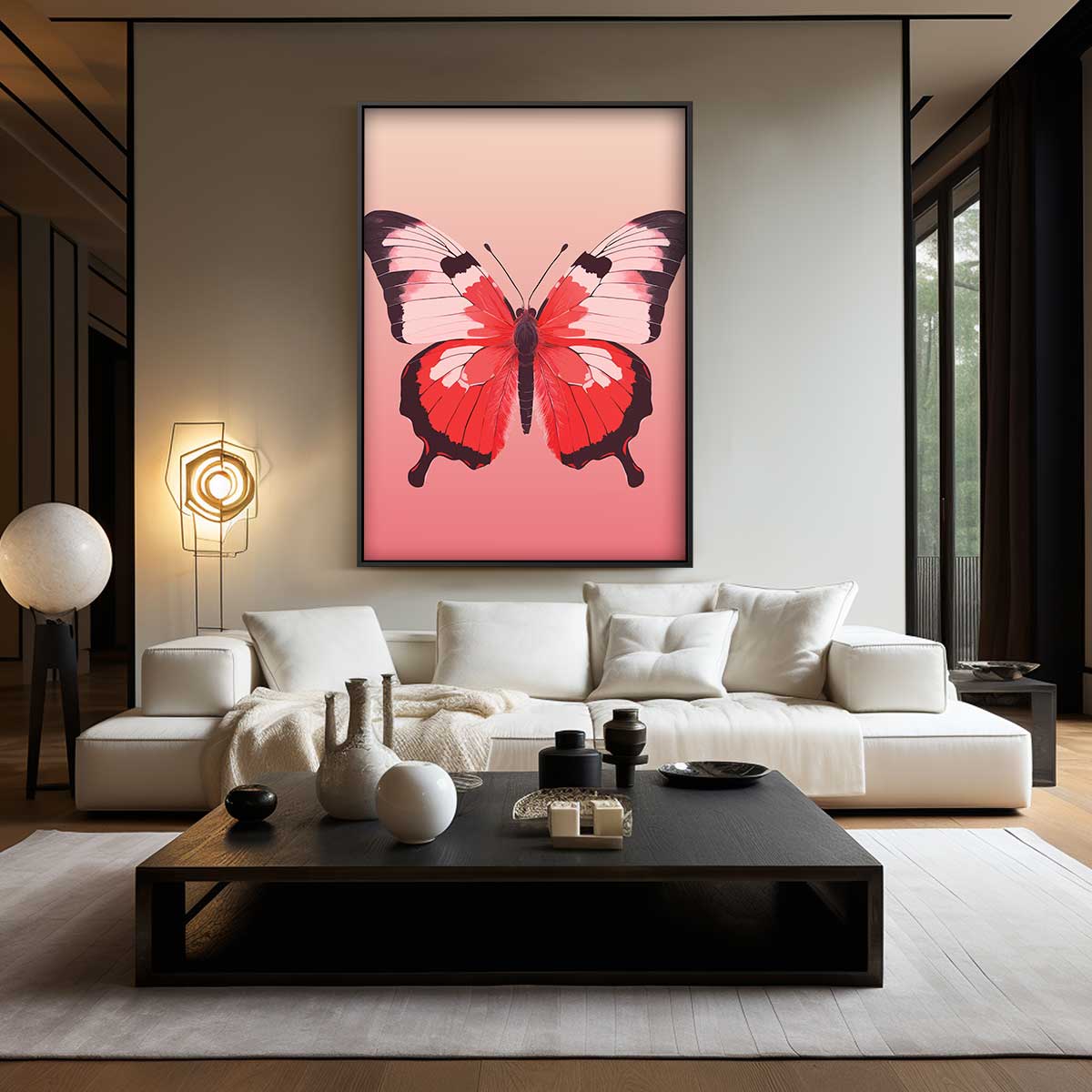 Rood Vleugelflits – kunstwerk met zwarte baklijst