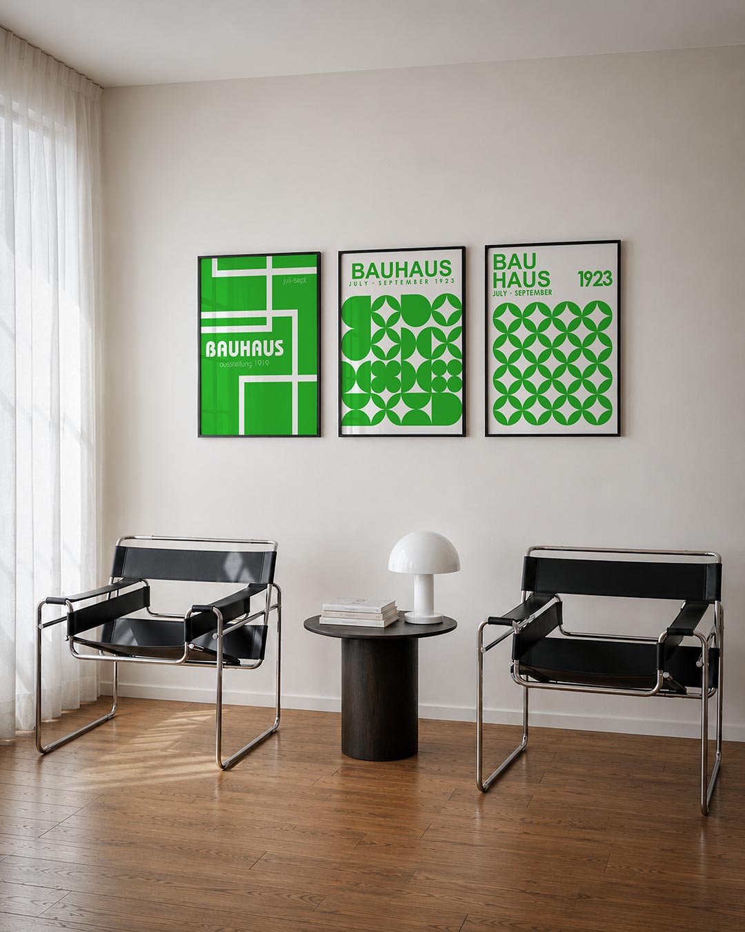 Lijnen en vlakken posterset – tweede productweergave – deze posterset in drie delen toont een levendig groen vlak met witte