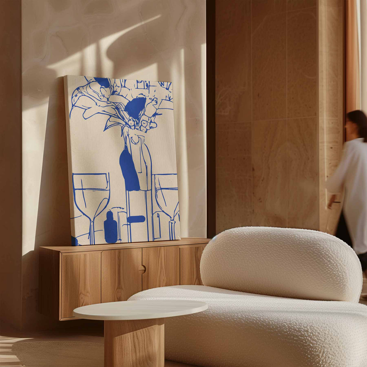 Moderne Tafelsetting in Blauwe Lijntekening – canvas wanddecoratie in portret formaat