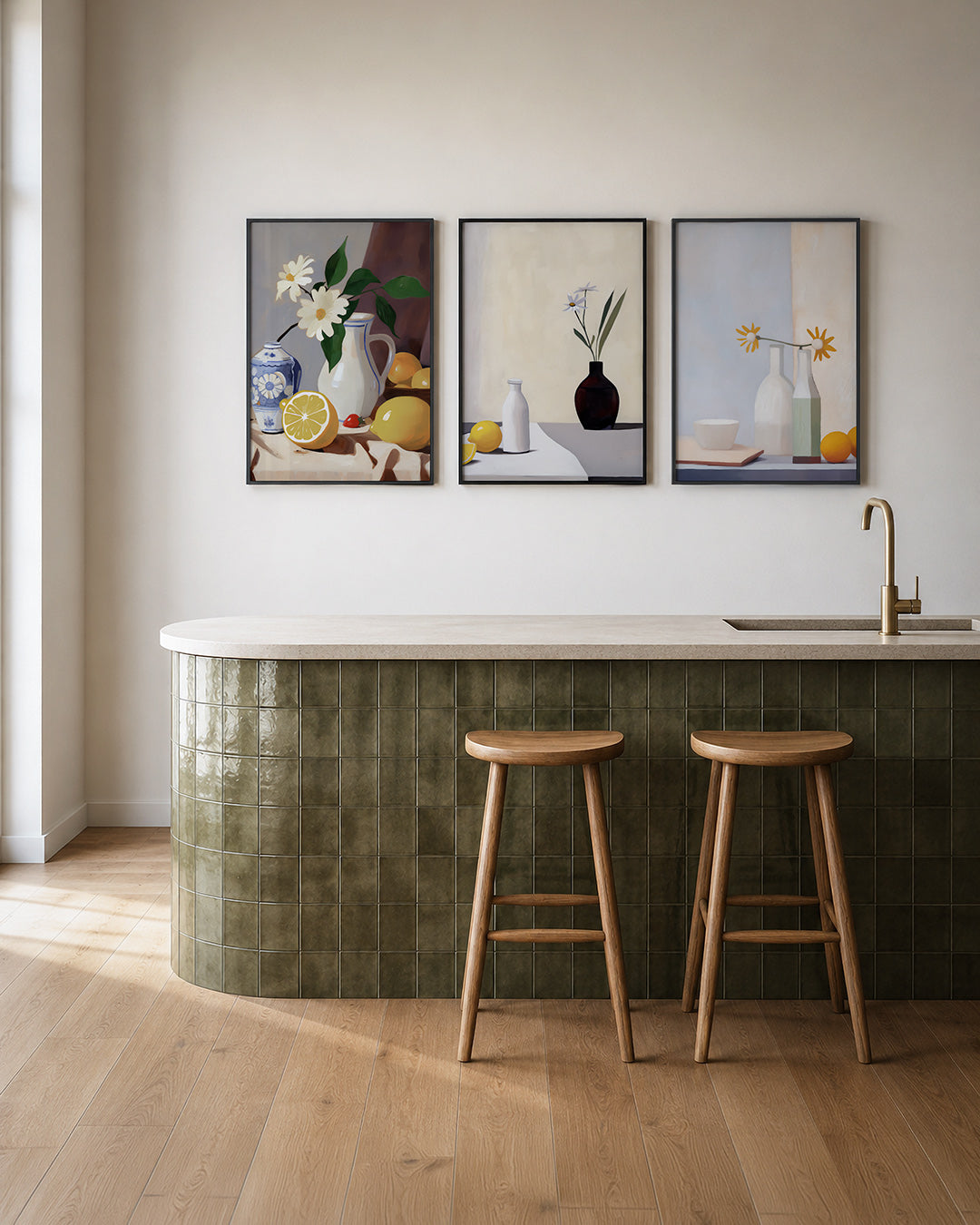 Fruit en bloemen posterset – tweede productweergave – een levendige compositie met citroenen, een aardbei en bloemen