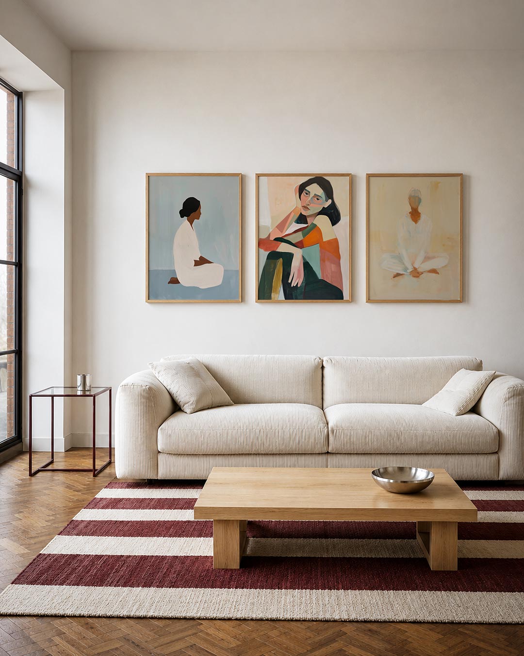 Zachte silhouet driedelige posterset – een zittende figuur in een witte outfit tegen een