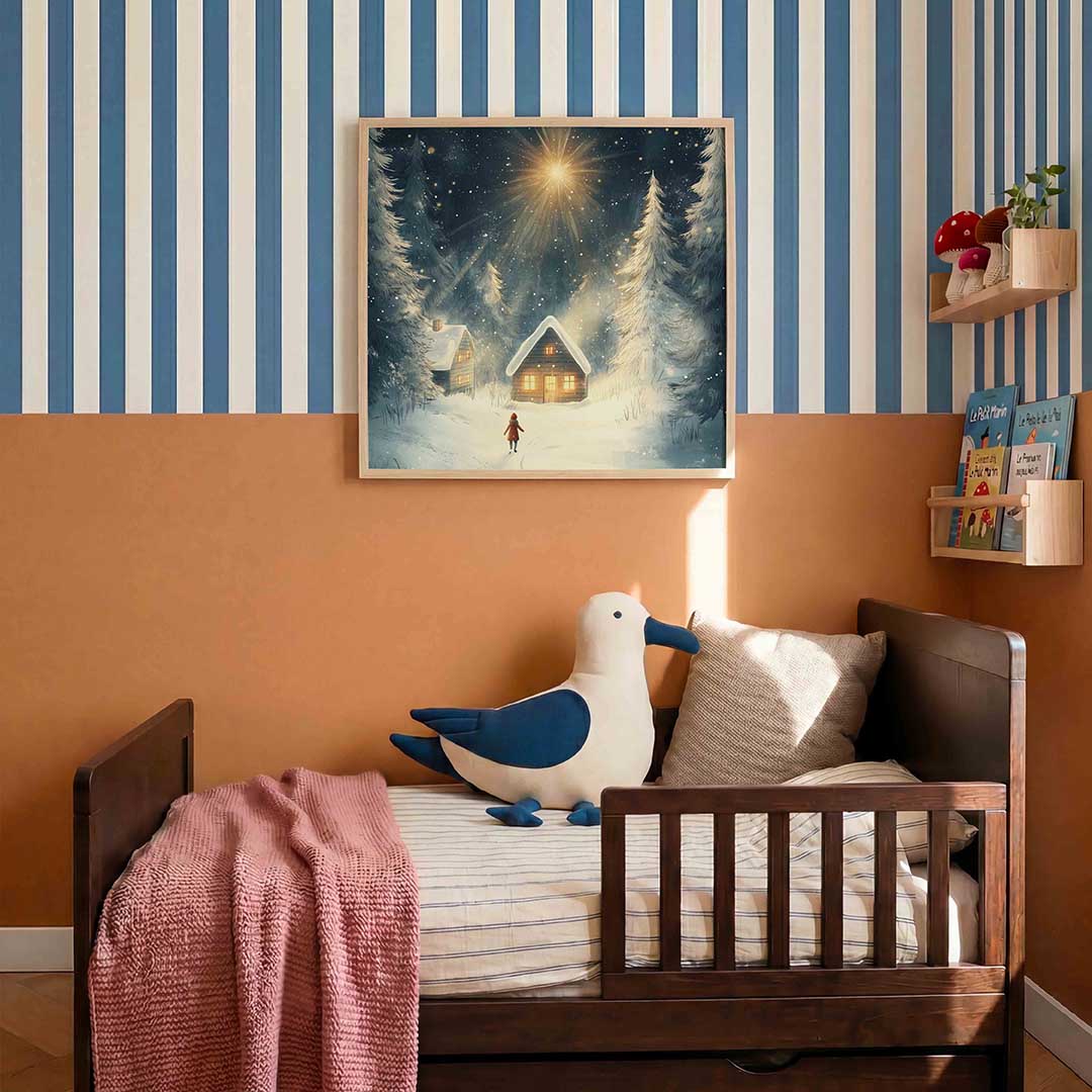 Winterlandschap met huisjes – kids poster in vierkant formaat
