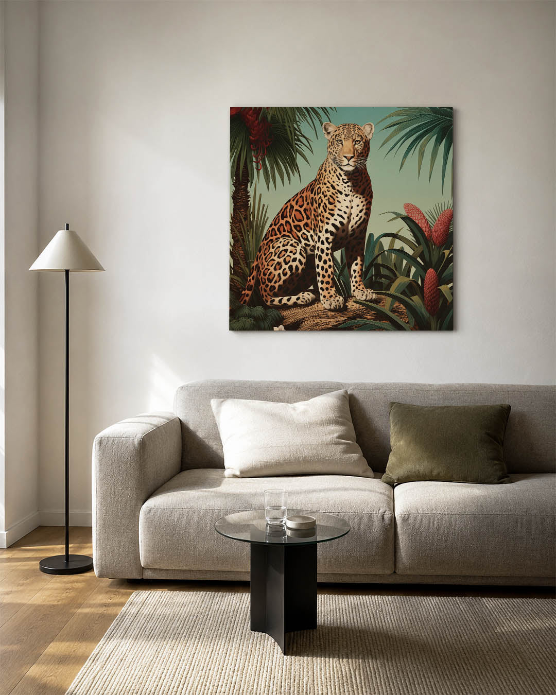 Tropische dierenwereld kunstwerk – detailweergave – dit kunstwerk toont een majestueuze luipaard te midden van weelderige