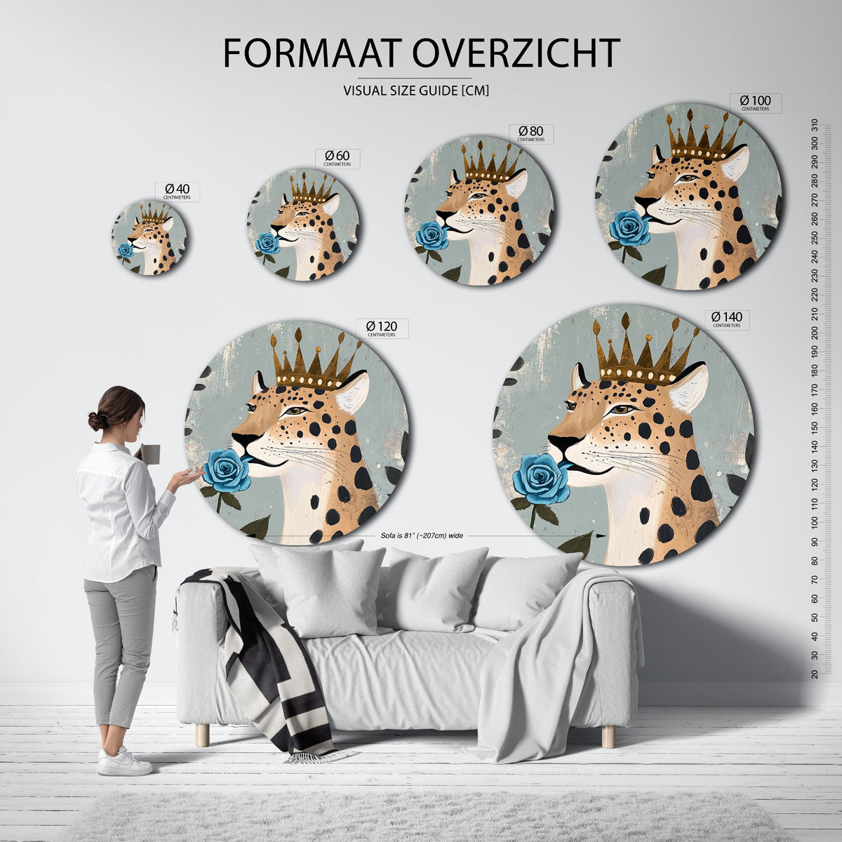 Luipaard met kroon – ronde muurcirkel met kleurrijke illustratie