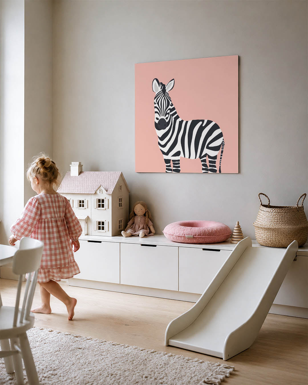Gestreepte zebra illustratie kunstwerk – tweede productweergave – dit werk toont een zebra met opvallende zwart-witte strepen