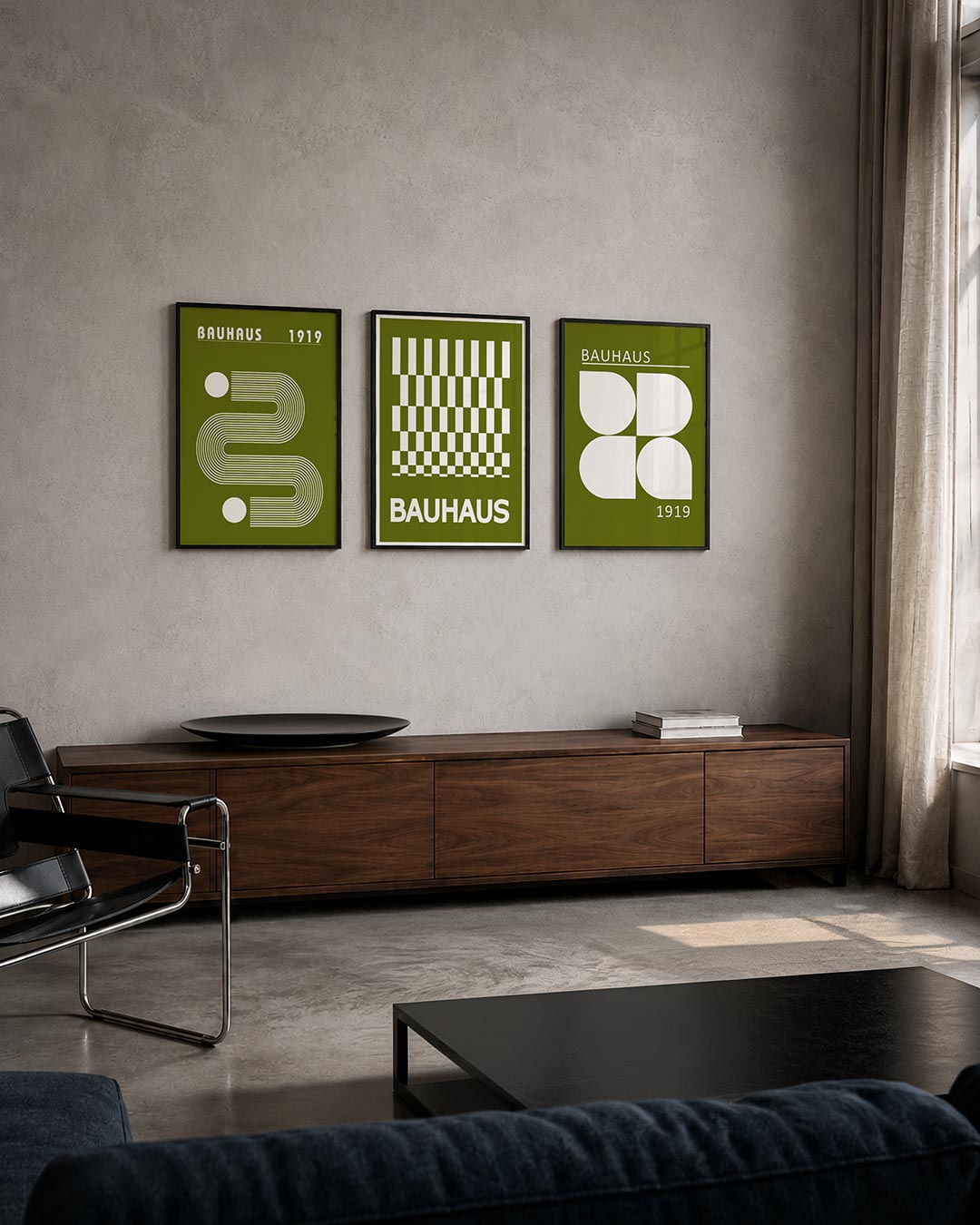 Lijnen en vlakkenspel posterset – tweede productweergave – een groene achtergrond met witte, gebogen lijnen die een ritmisch