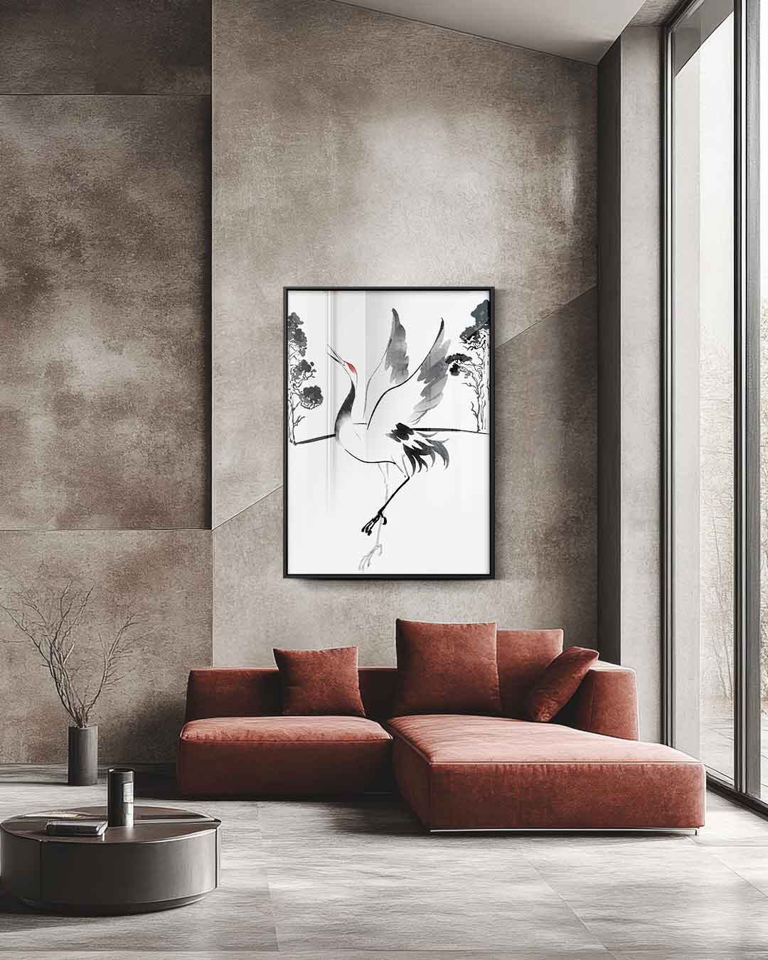 Dansende Kraanvogel in Inkt – staande wandkunst voor woonkamer of interieur