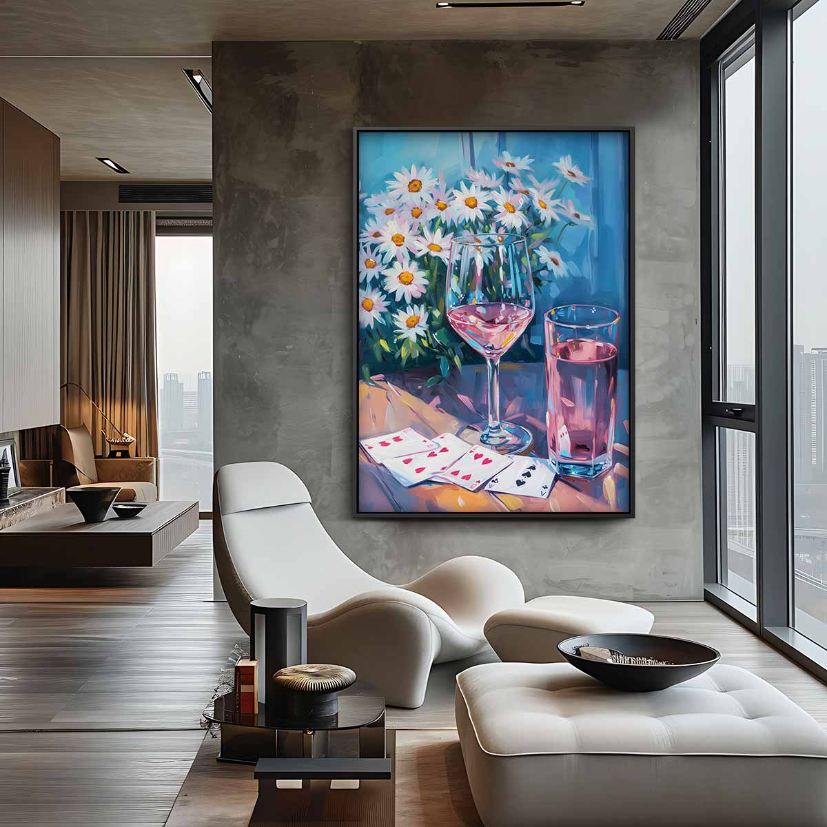 Zomerse Sferen met Glazen en Madeliefjes – staande wandkunst voor woonkamer of interieur