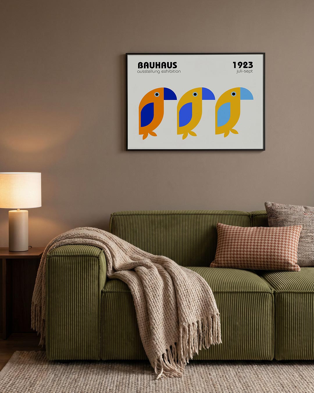 Vogels en kleurvlakken – geometrische Bauhaus poster in liggend formaat