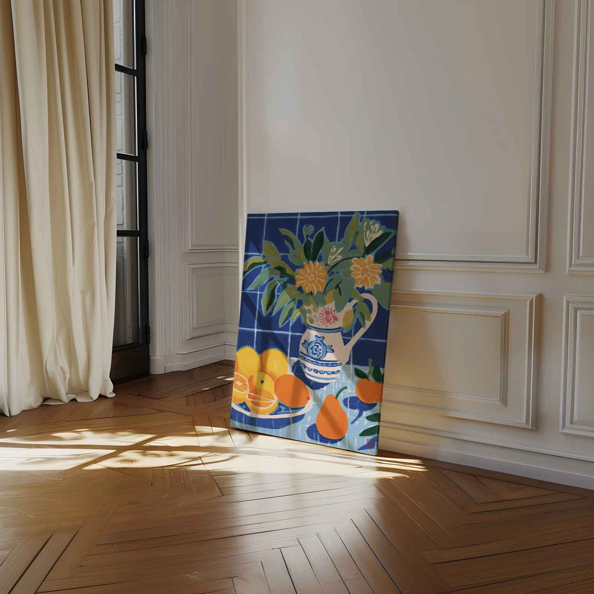 Zomerfruit in Blauwe Keuken – dibond wanddecoratie in staand formaat