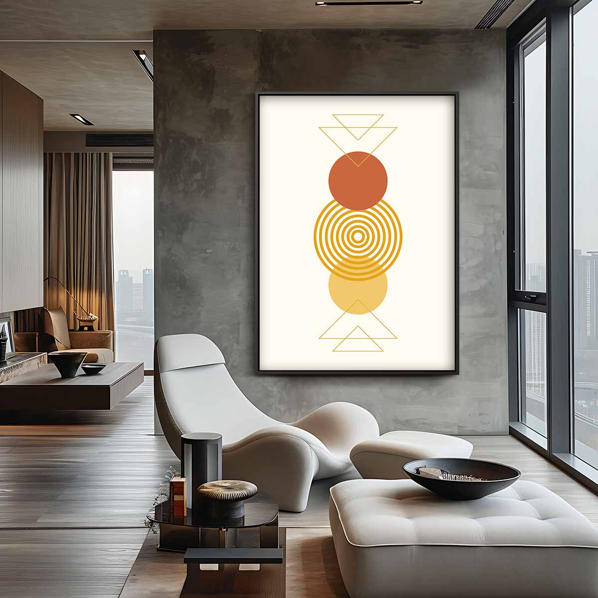 Abstracte Cirkel- en Driehoek Compositie – kunstwerk met zwarte baklijst
