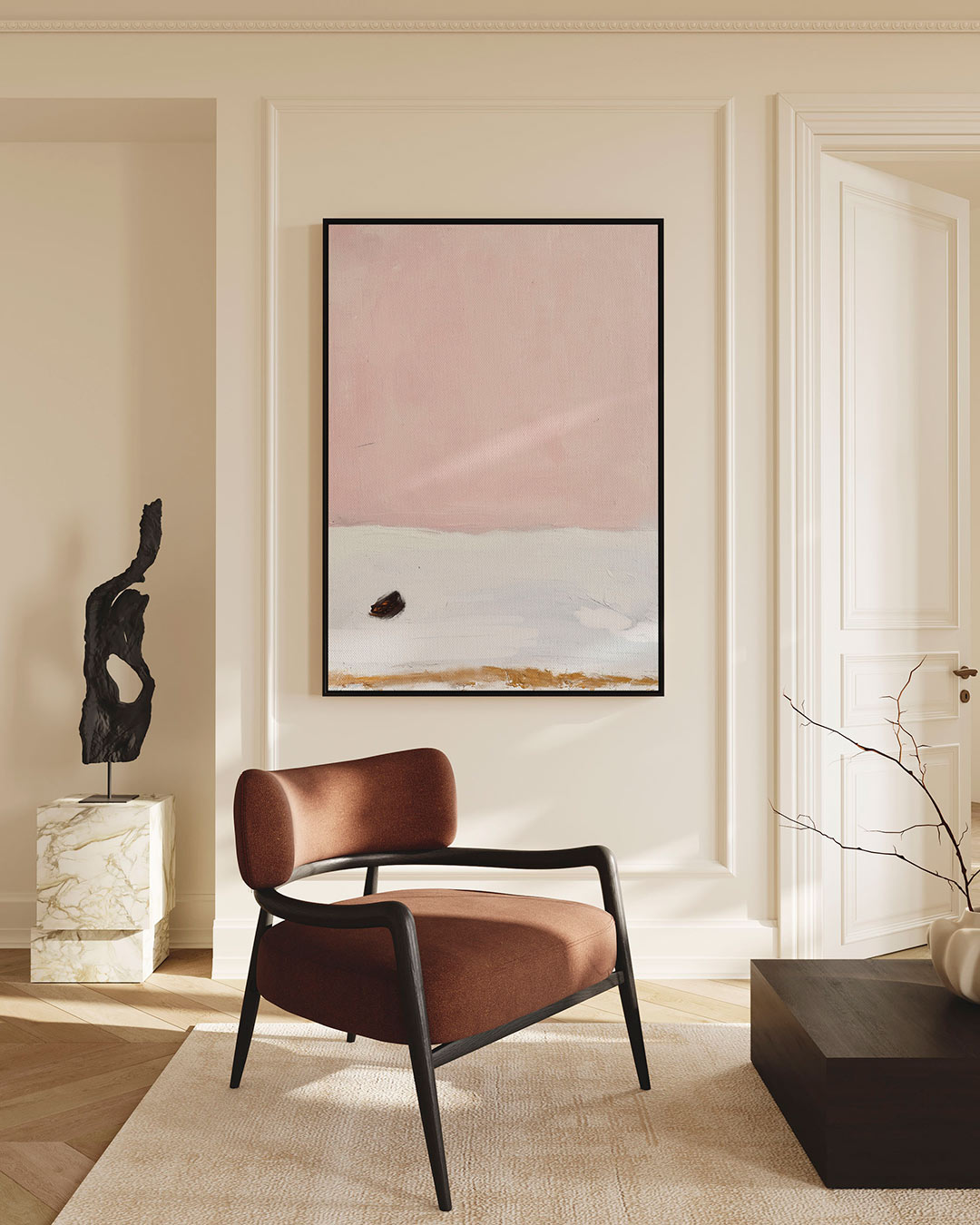 Zachte roze landschap – staand wanddecoratie kunstwerk