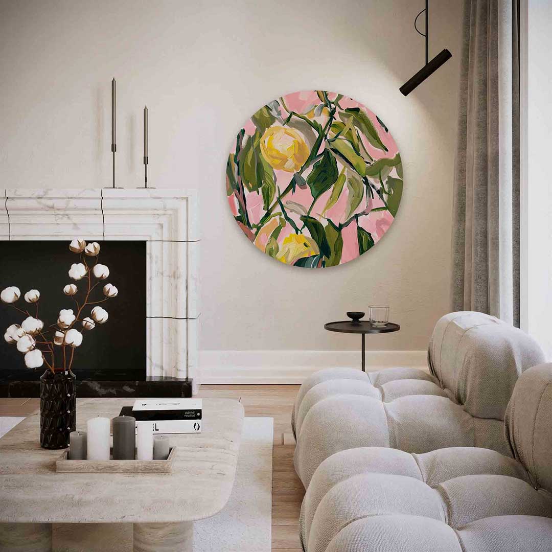 Roze en groene bladeren – abstracte textuur muurcirkel als wanddecoratie