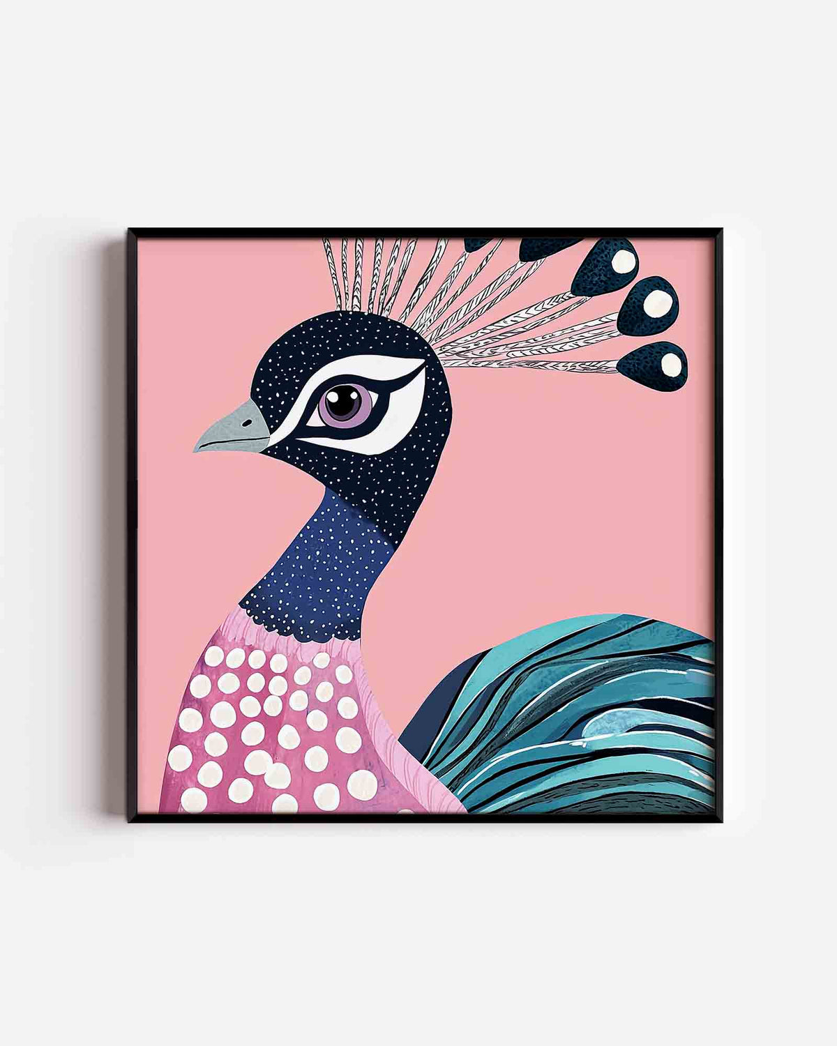Pauw op roze – vierkante dierenposter als wanddecoratie
