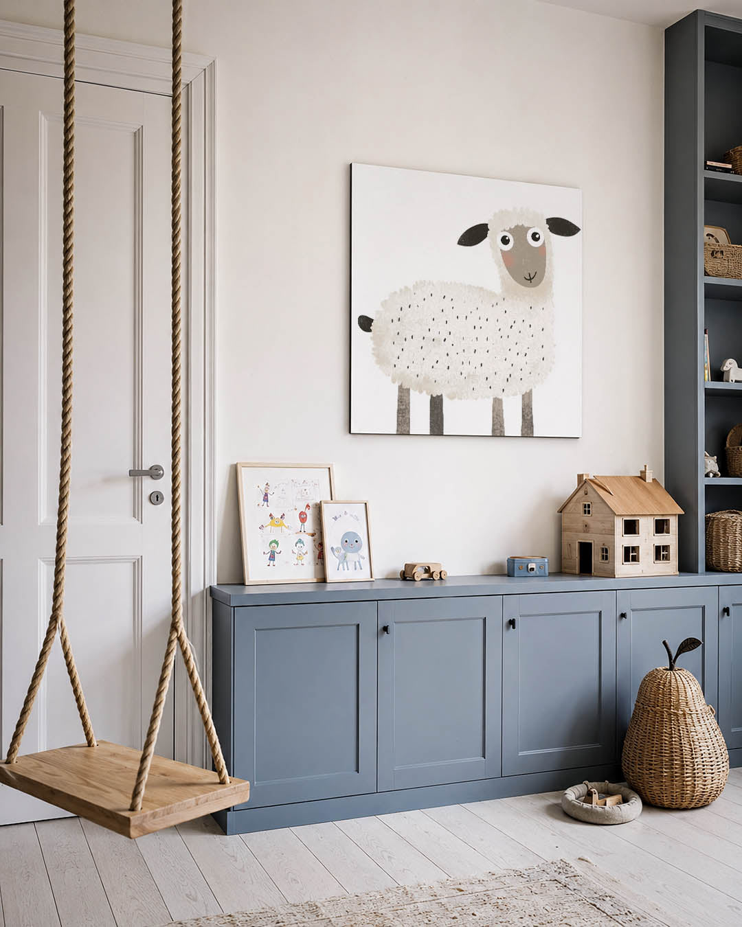 Vrolijk schaap kunstwerk – vierkante wanddecoratie – dit kunstwerk toont een schattig schaap met een speelse uitstraling. De