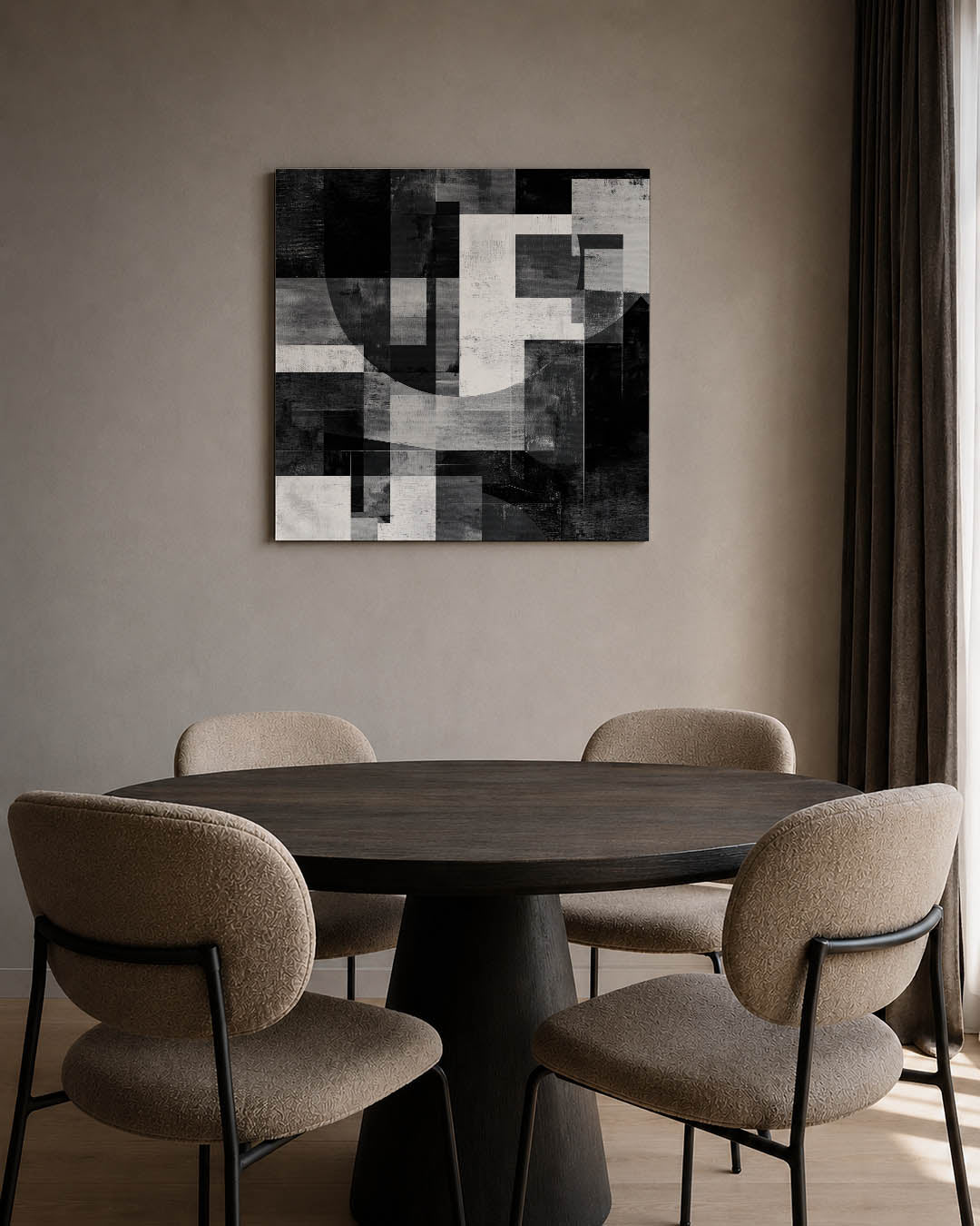 Geometrische vormen compositie kunstwerk – tweede productweergave – dit werk toont een dynamisch spel van rechthoeken en