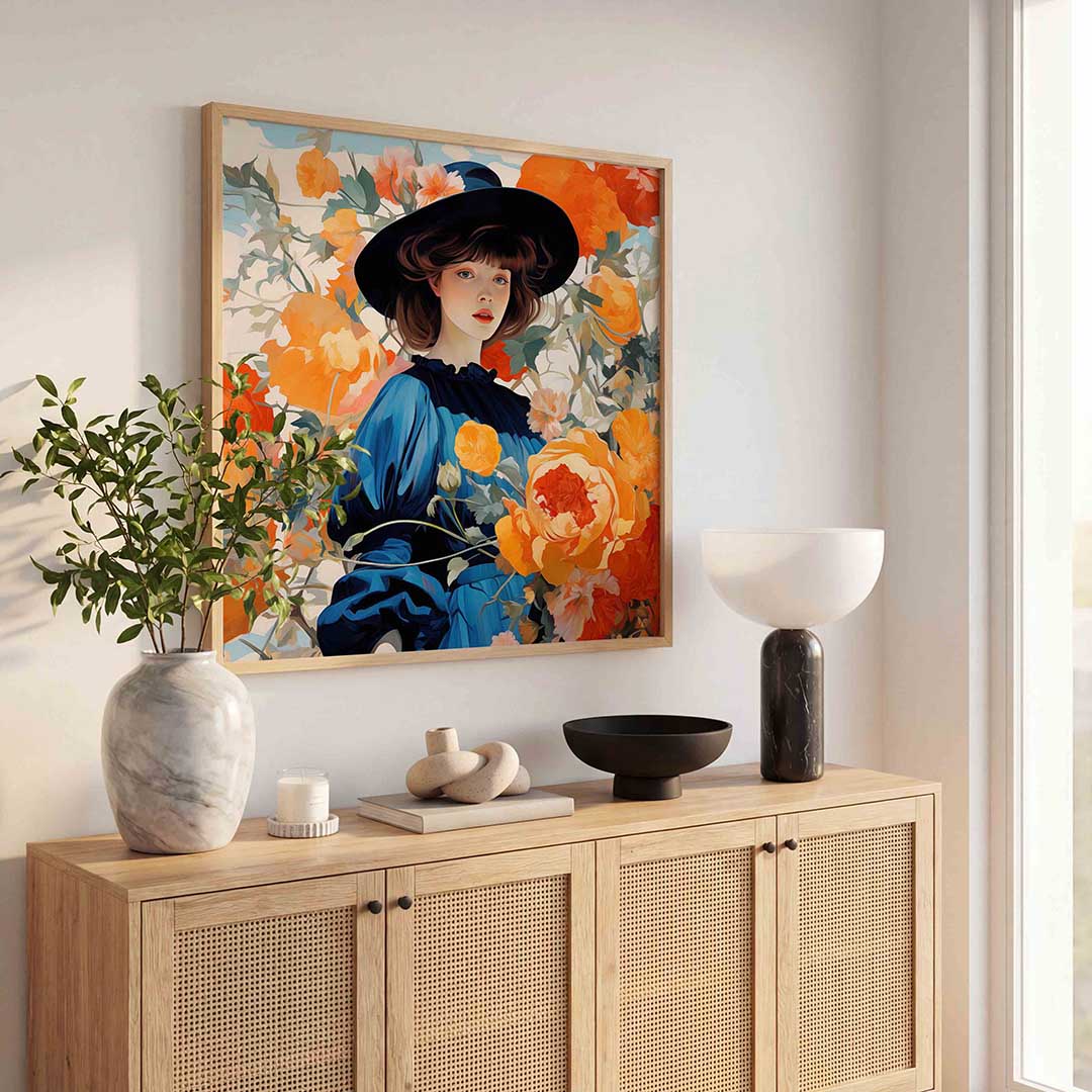 Vrouw met bloemen – illustratie poster in vierkant formaat